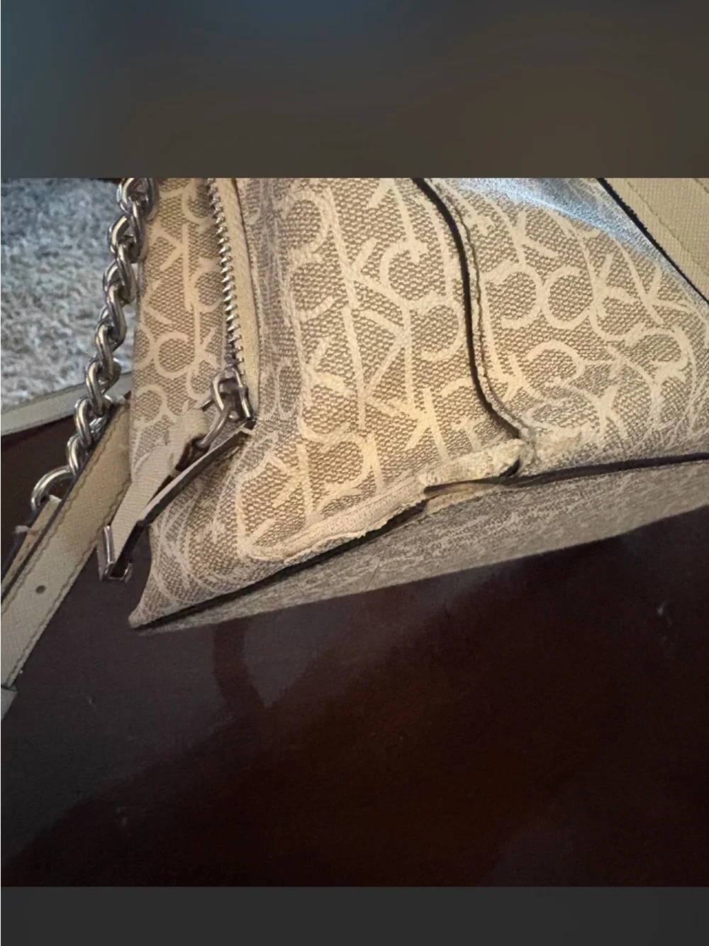 Calvin Klein Cream Monogram Satchel with Top Handles